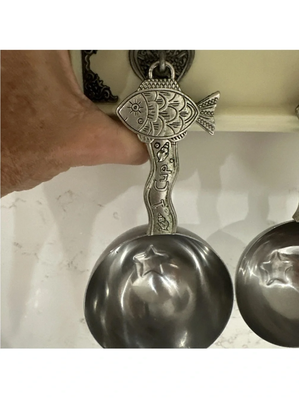 Vintage Silver Toned Fish Measuring Cups With Wall Mounted Hanger